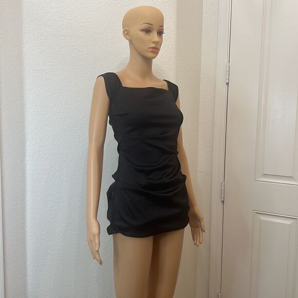 Betsy & Adam Size 4 Black Dress Black Slimming Ruching Square Neck Capped Sleeve - Picture 2 of 10